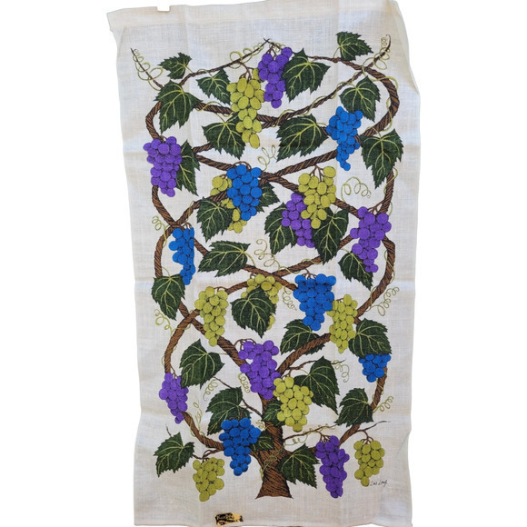 Vintage Kat Dee Blue Purple Grape Vine Lois Long Linen Kitchen Towel Vineyard - Picture 1 of 8